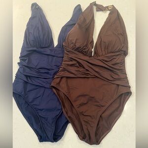 Two plunge neck wrap waist solid swimsuits. Navy and Brown Size 12. Ann Cole.